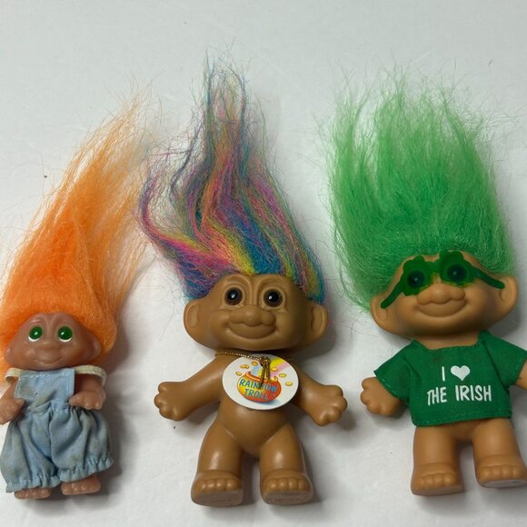 Vintage Russ Troll Dolls Set of 3 Orange Green Rainbow Hair 3-5" Tall - RARE - Picture 1 of 7